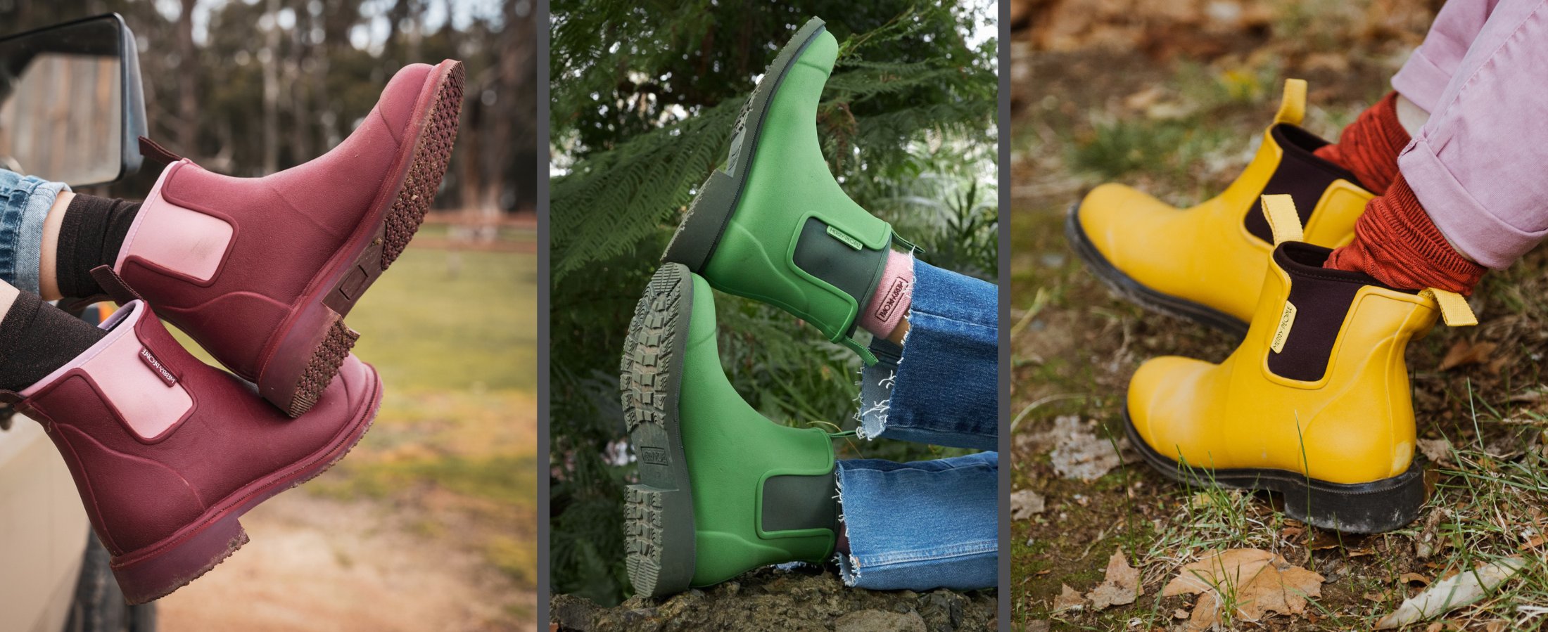 Three pair of Bobbi Gumboots from merry people in different colours