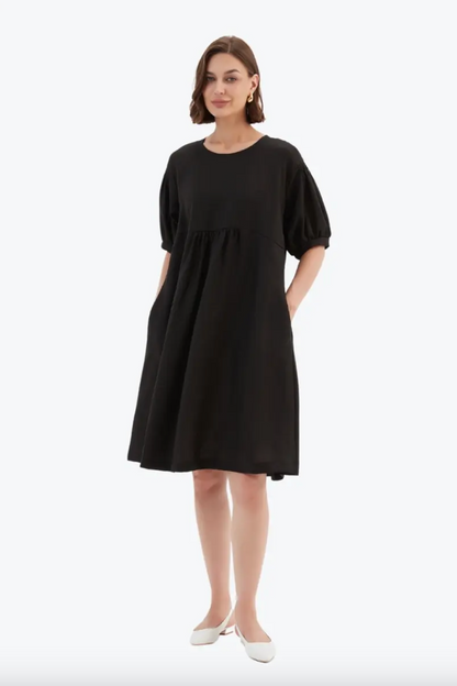 Bishop Sleeve Shirring Dress - Black