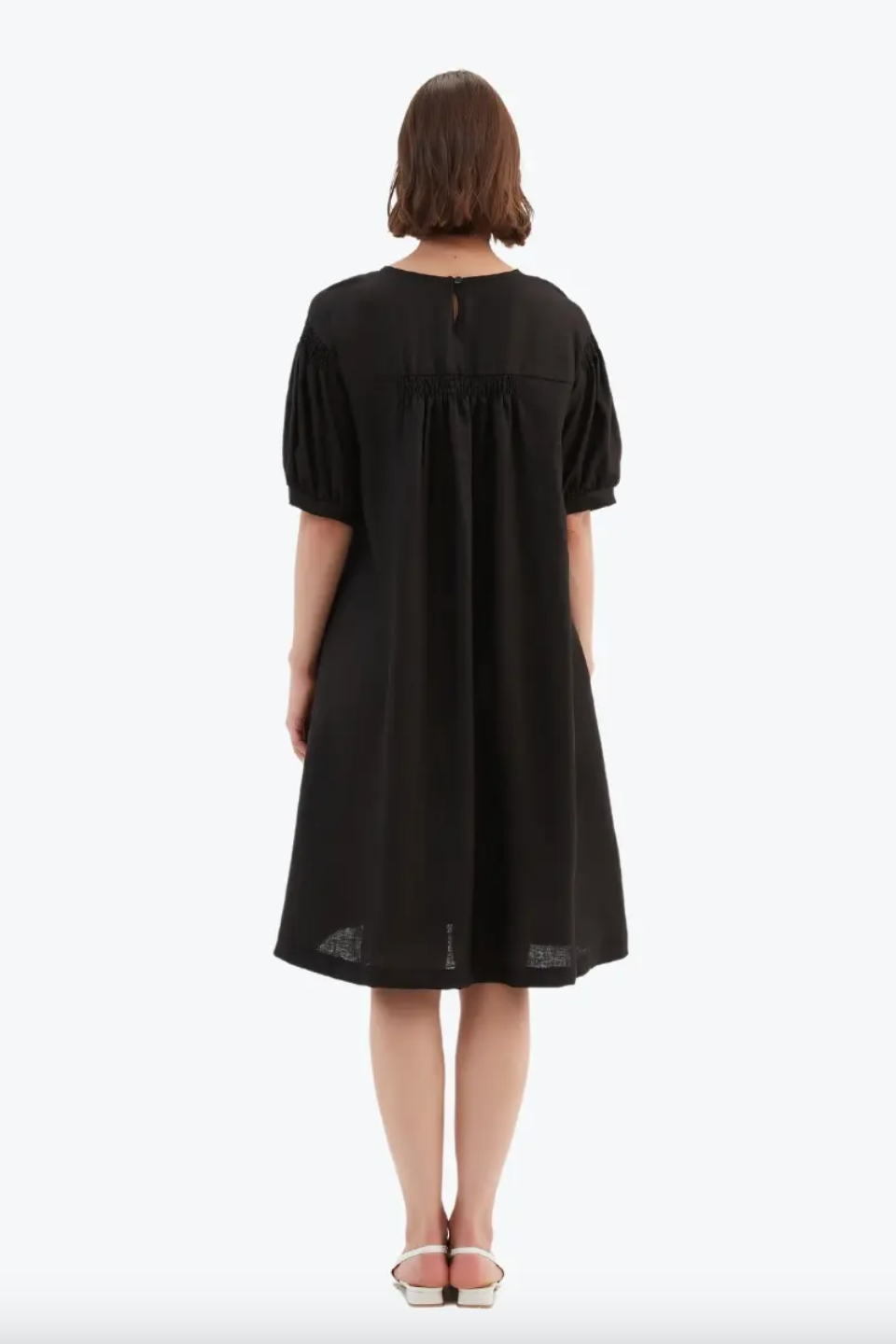 Bishop Sleeve Shirring Dress - Black