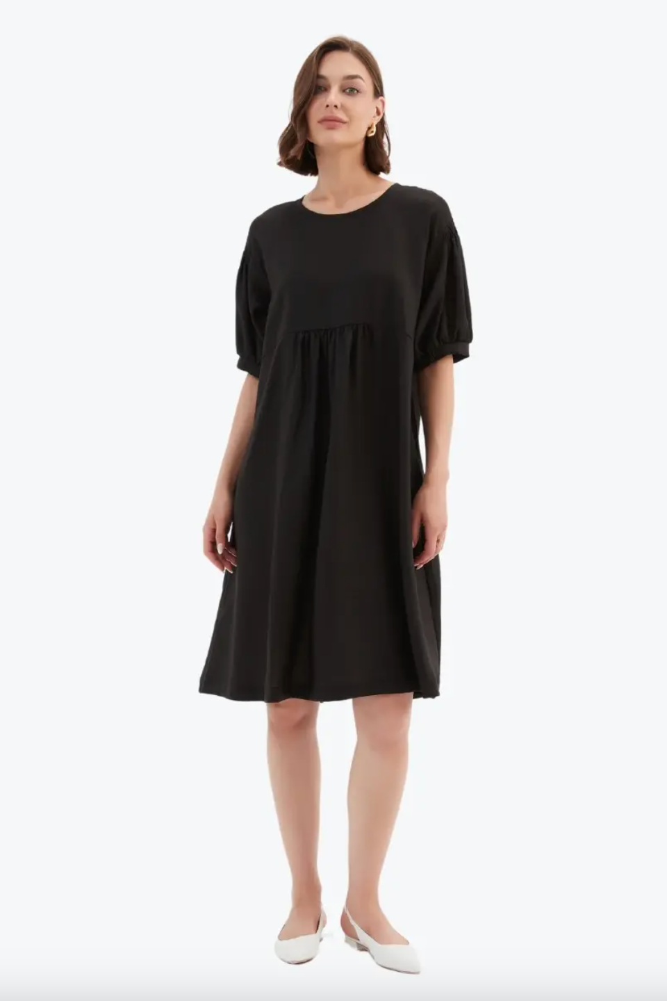 Bishop Sleeve Shirring Dress - Black