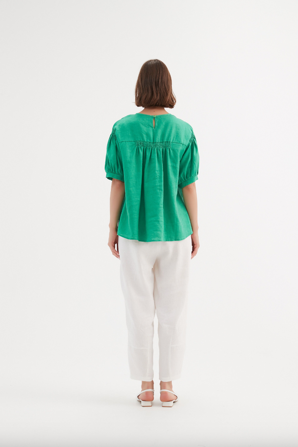 Bishop Sleeve Shirring Top - Cool Green