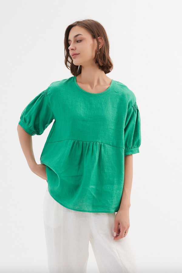 Bishop Sleeve Shirring Top - Cool Green