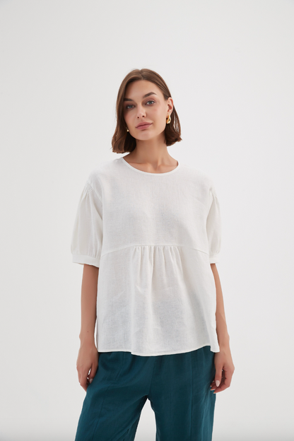 Bishop Sleeve Shirring Top - White