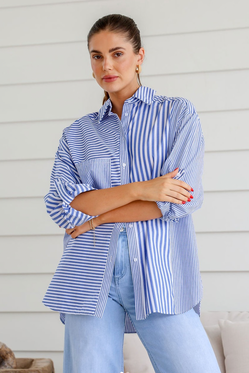 CONTRAST STRIPE SHIRT - Blue