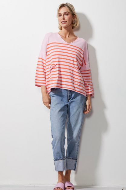 Breton Stripe V Neck - Petal