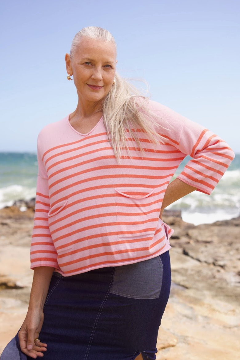 Breton Stripe V Neck - Petal