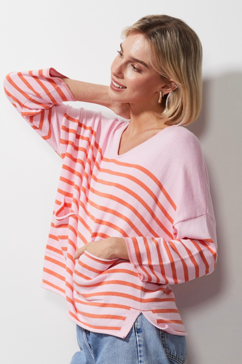 Breton Stripe V Neck - Petal