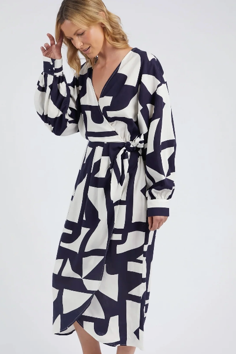 Dali Wrap Style Abstract Dress - Midnight