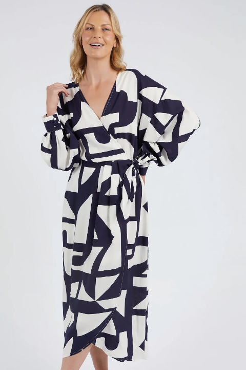 Dali Wrap Style Abstract Dress - Midnight