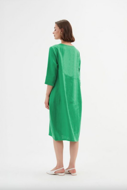 Diagonal Seam Linen Dress - Cool Green