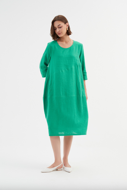 Diagonal Seam Linen Dress - Cool Green