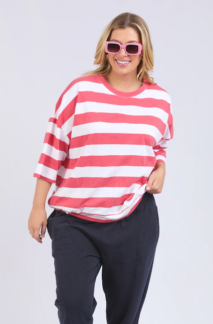 Mazie Block Stripe Sweat - Watermelon/White Stripe