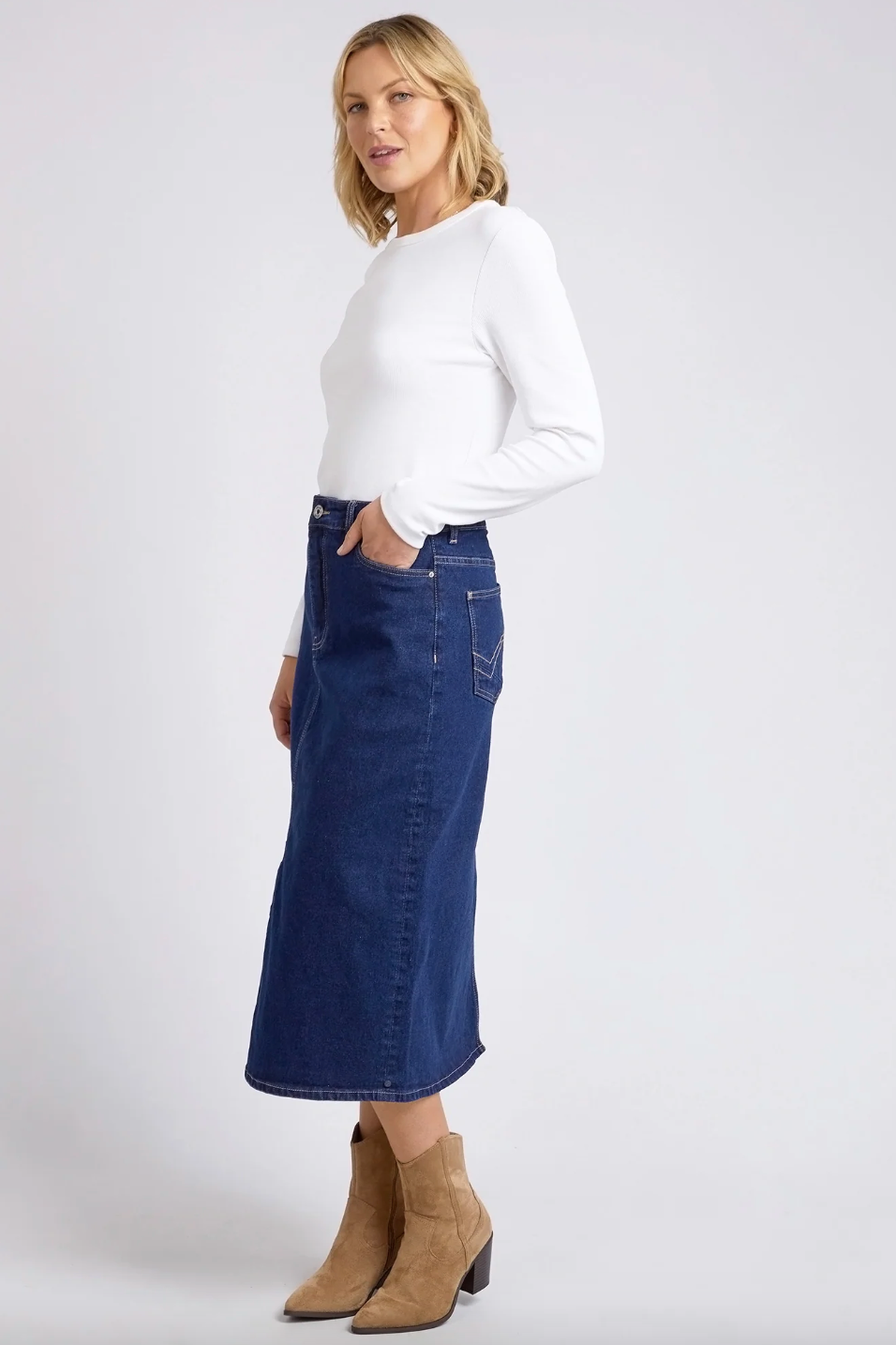 Eloise Denim Midi Skirt - Dk Blue Wash