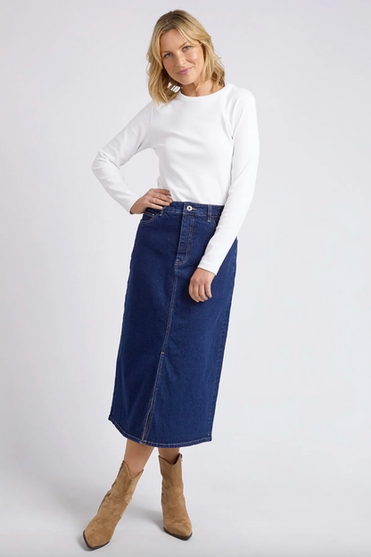 Eloise Denim Midi Skirt - Dk Blue Wash