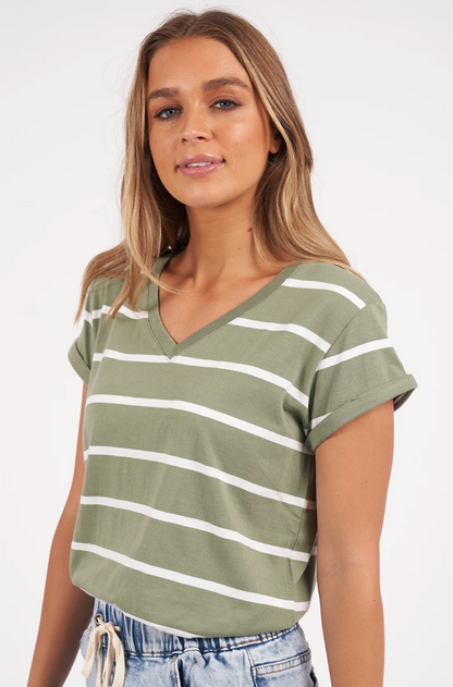 Manly Stripe Vee Tee - Sage/White Stripe