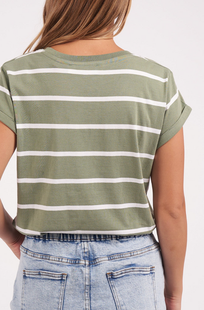 Manly Stripe Vee Tee - Sage/White Stripe