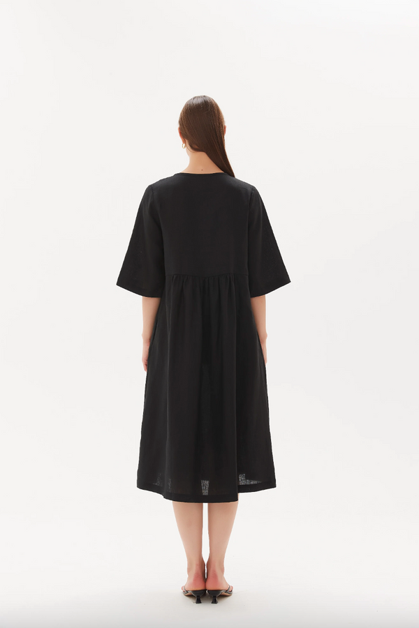 Pleat Front Bell Sleeve Dress - Black