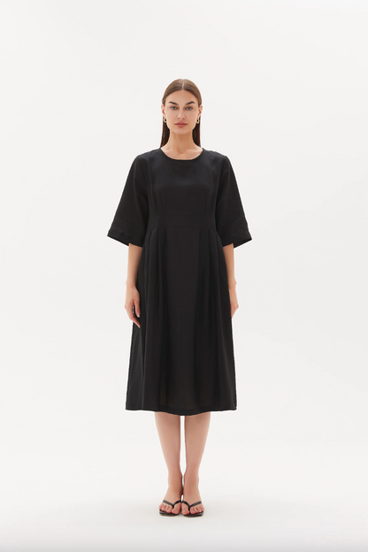 Pleat Front Bell Sleeve Dress - Black