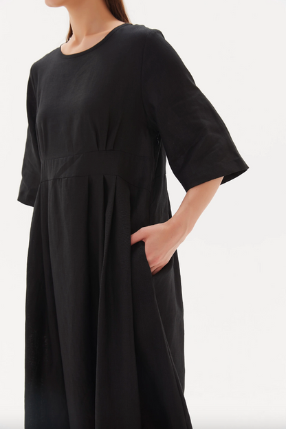 Pleat Front Bell Sleeve Dress - Black