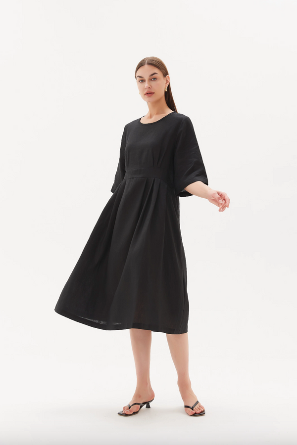 Pleat Front Bell Sleeve Dress - Black