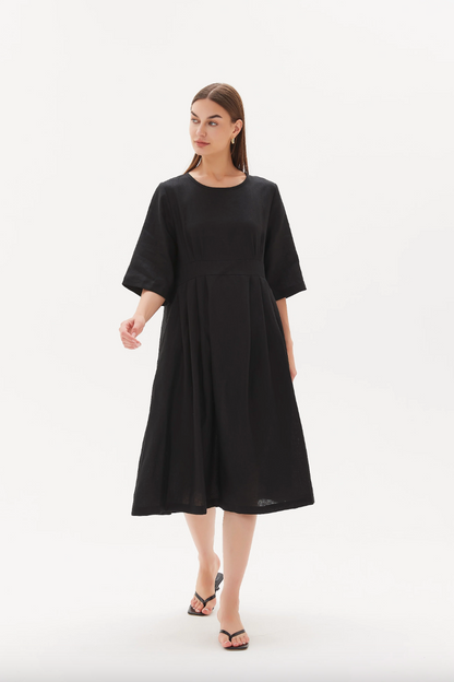 Pleat Front Bell Sleeve Dress - Black