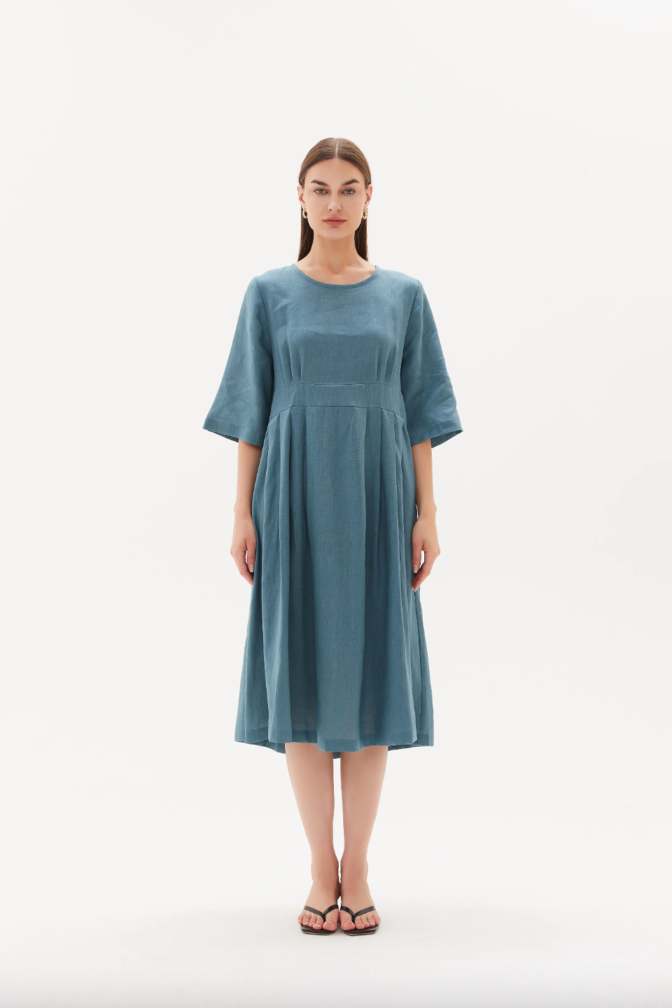 Pleat Front Bell Sleeve Dress - Washed Blue