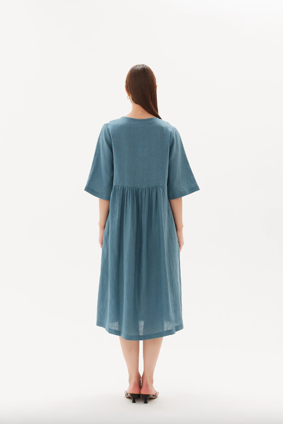 Pleat Front Bell Sleeve Dress - Washed Blue