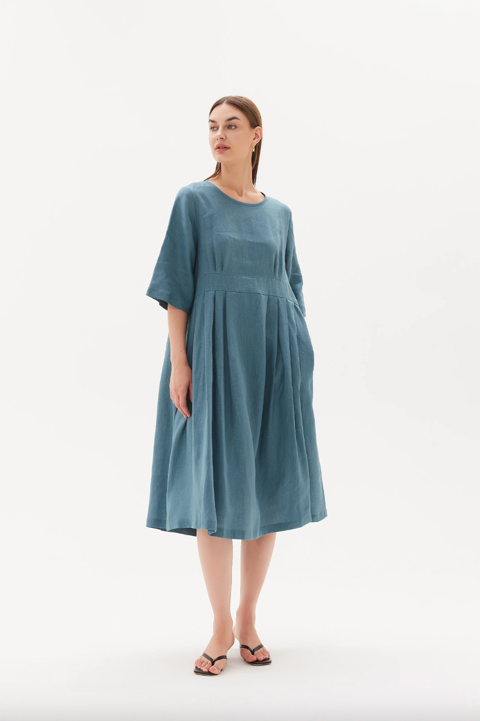 Pleat Front Bell Sleeve Dress - Washed Blue