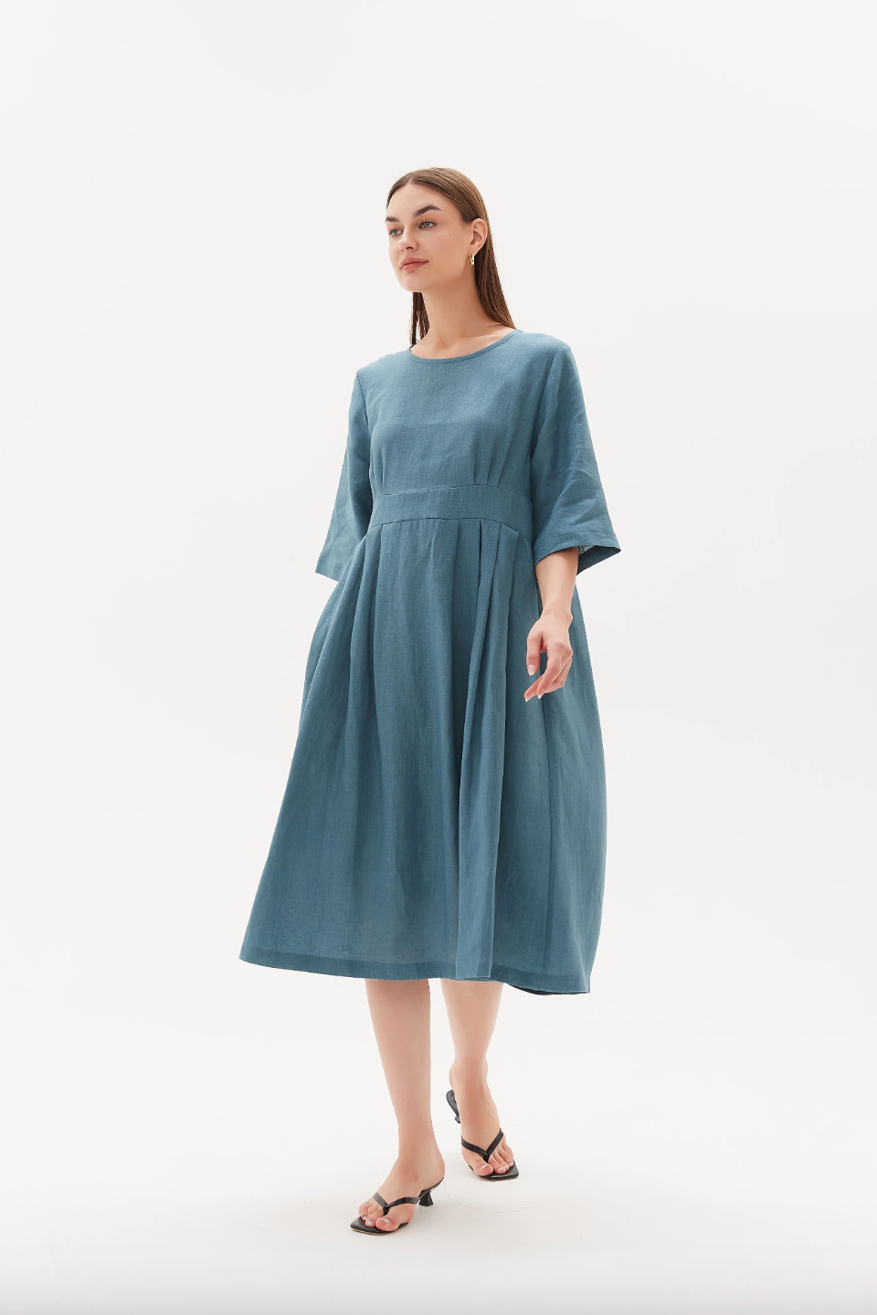 Pleat Front Bell Sleeve Dress - Washed Blue