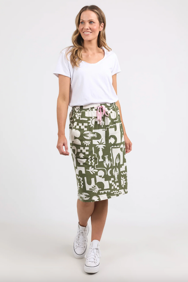 Postcard Skirt - Khaki/Cream Print