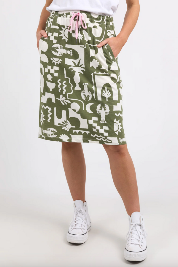 Postcard Skirt - Khaki/Cream Print