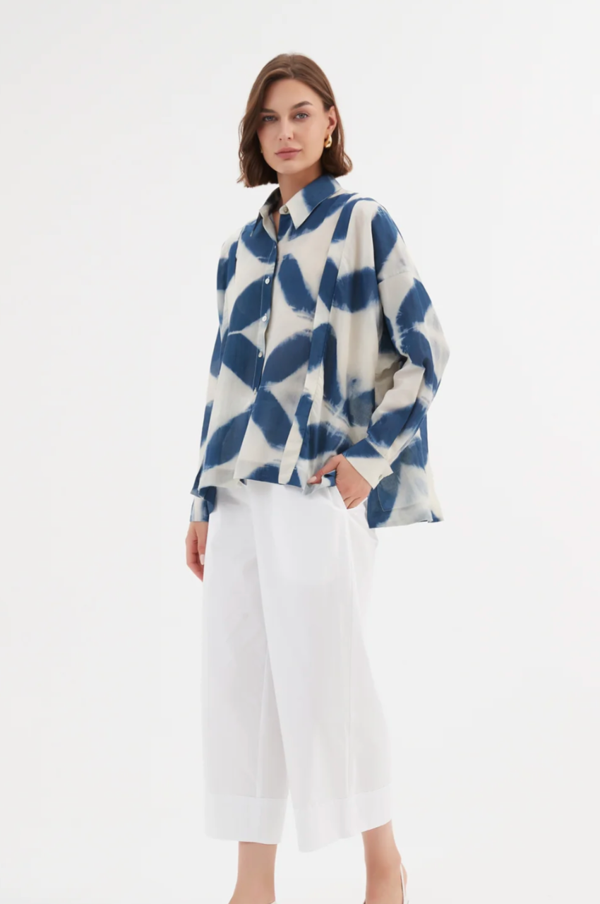 Boxy Pleat Shirt - Blue Diamond Print