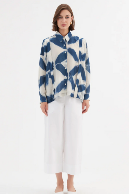 Boxy Pleat Shirt - Blue Diamond Print