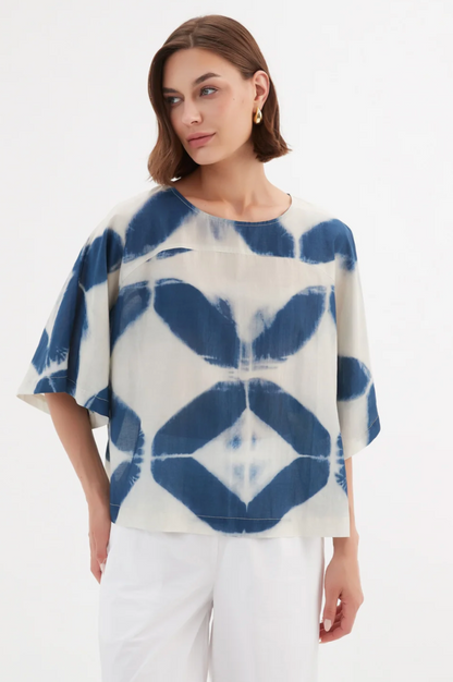 Wide Sleeve Blouse - Blue Diamond Print