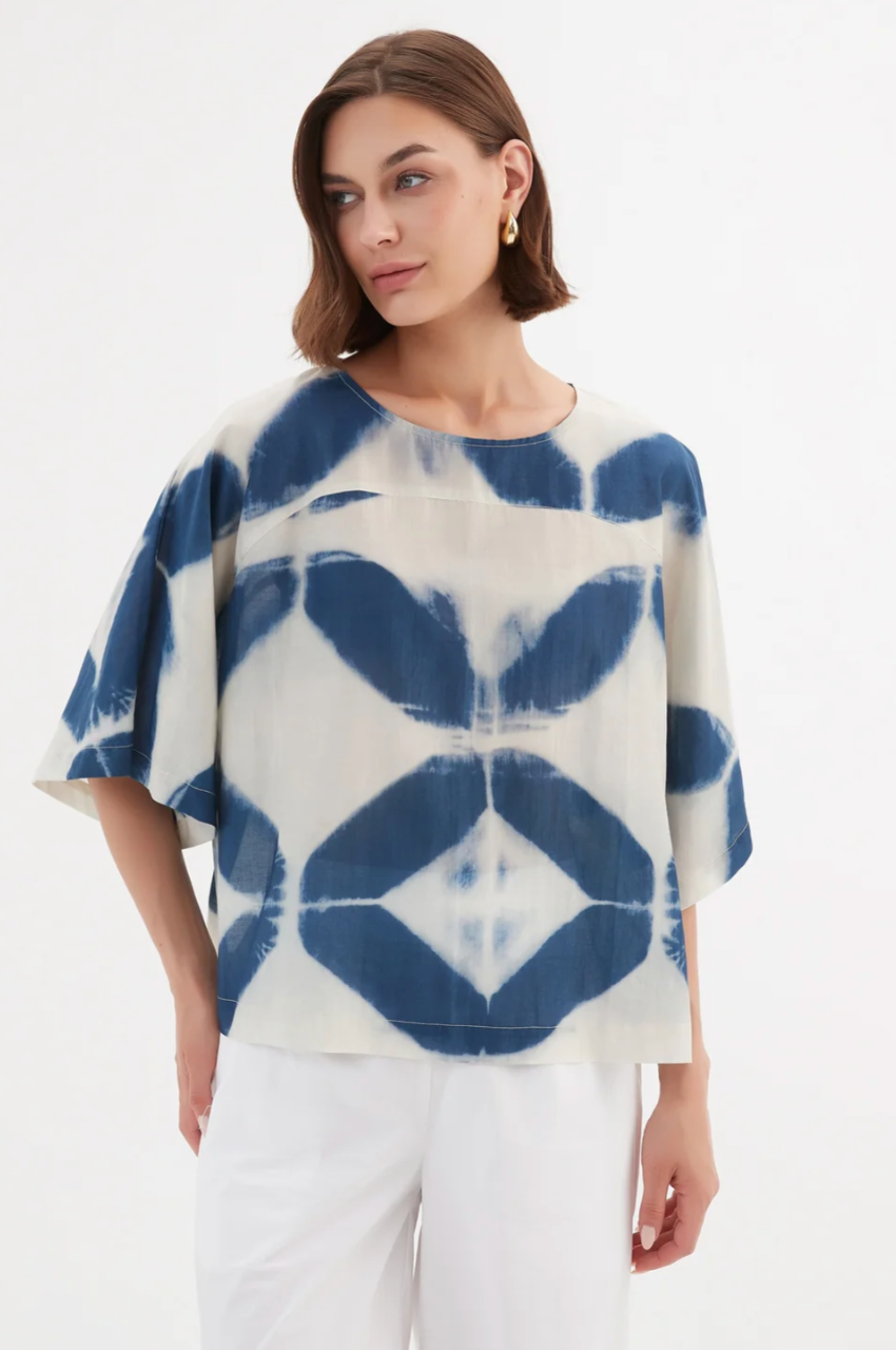 Wide Sleeve Blouse - Blue Diamond Print