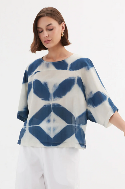 Wide Sleeve Blouse - Blue Diamond Print