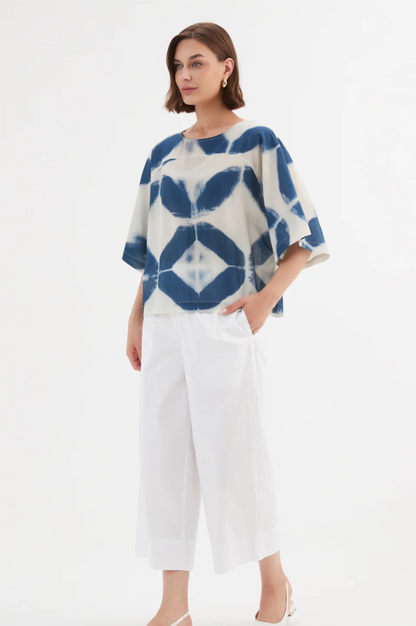 Wide Sleeve Blouse - Blue Diamond Print