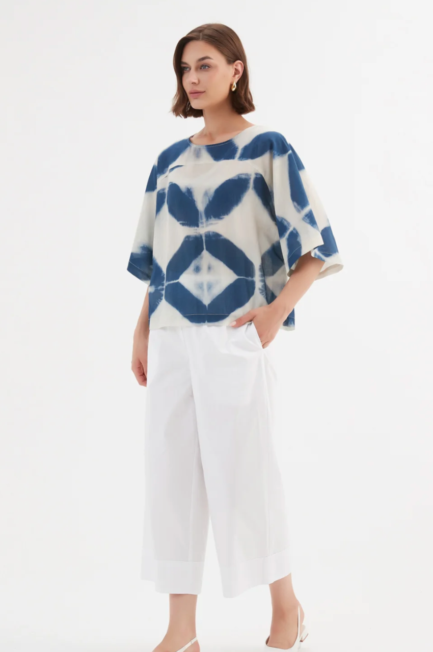 Wide Sleeve Blouse - Blue Diamond Print