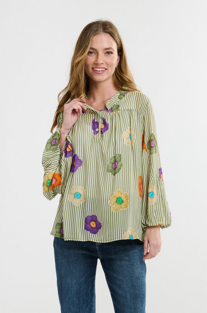 Billow Blouse - Flower/Khaki Stripe