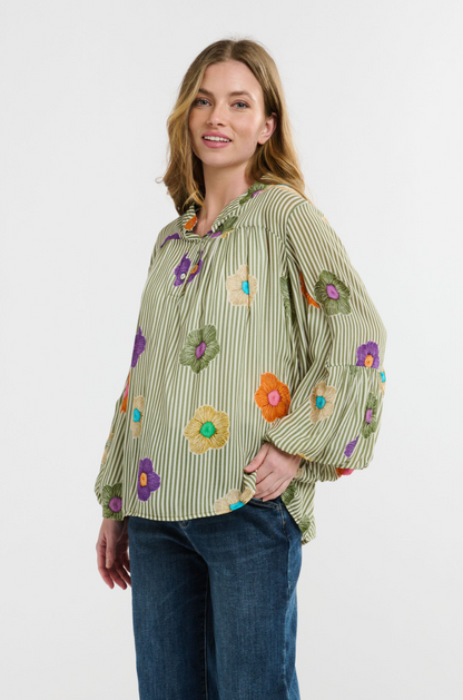 Billow Blouse - Flower/Khaki Stripe