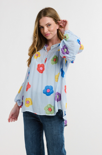 Billow Blouse -Flower/Blue Stripe