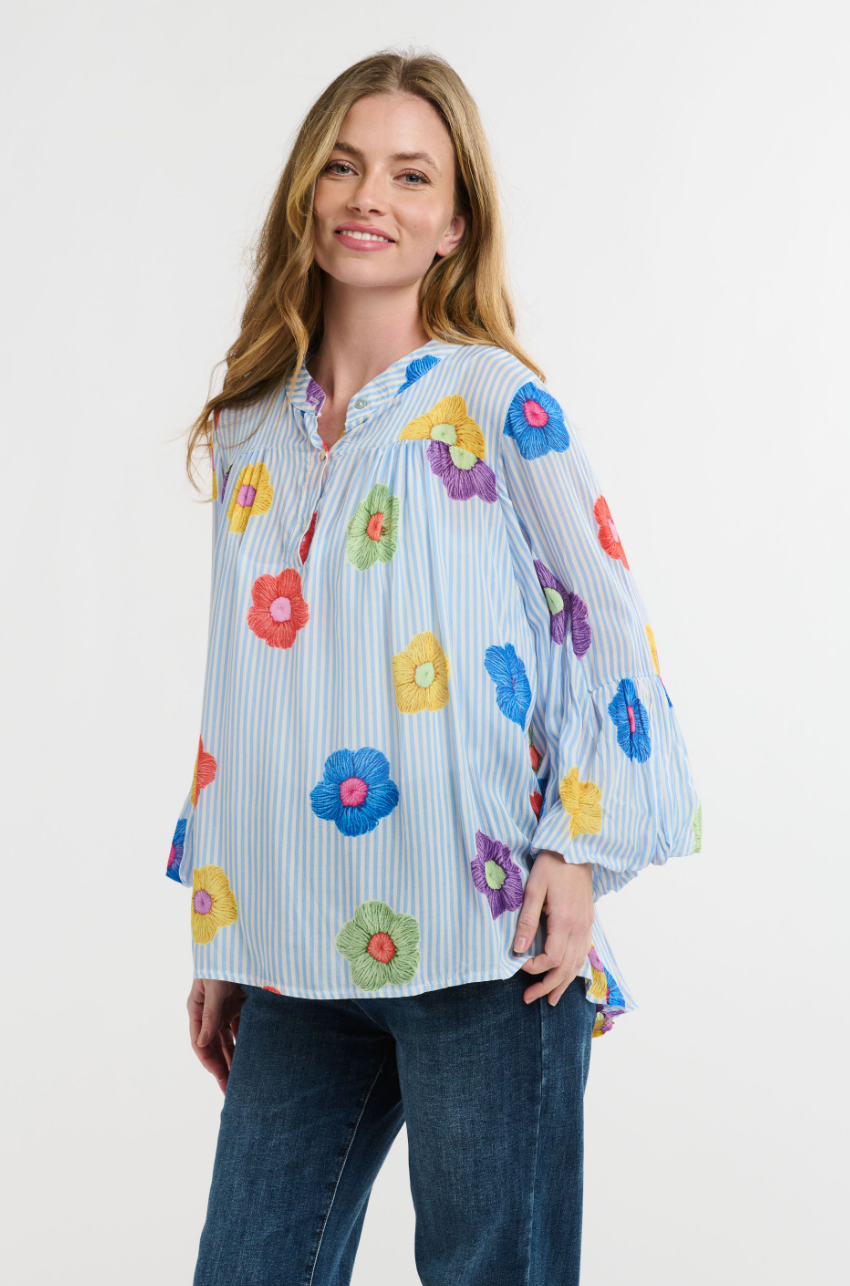 Billow Blouse -Flower/Blue Stripe