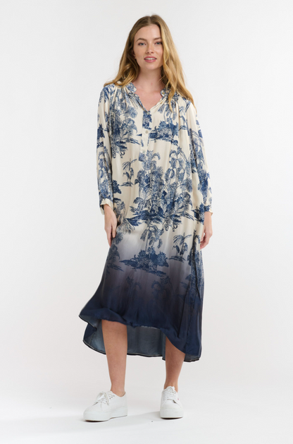 Hills Button Through Dress - Navy Print