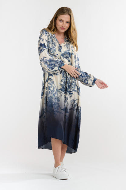 Hills Button Through Dress - Navy Print