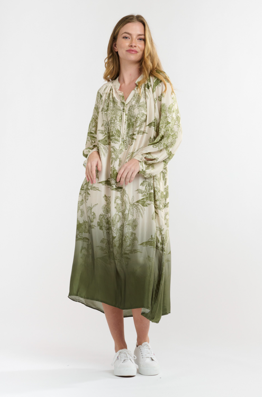 Hills Button Through Dress - Khaki Print