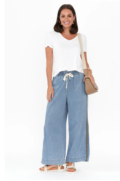 Greta Wide Leg Pant - Lt Blue/Stripe