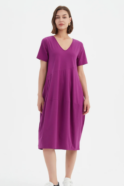 S/S Diagonal Seam V Neck Dress - Fuchsia