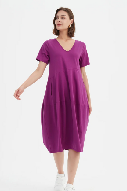 S/S Diagonal Seam V Neck Dress - Fuchsia