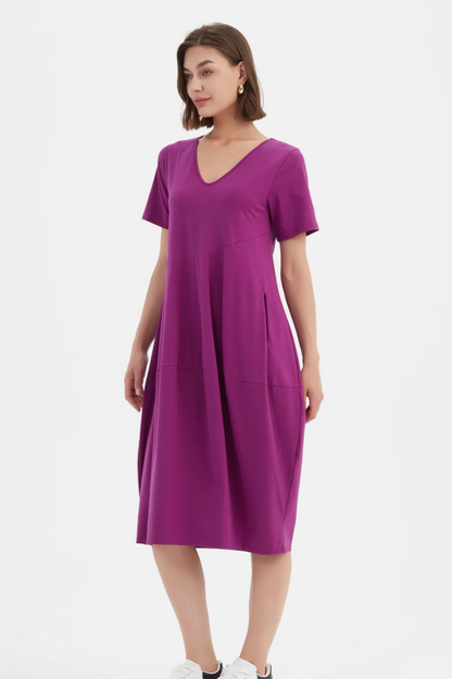 S/S Diagonal Seam V Neck Dress - Fuchsia