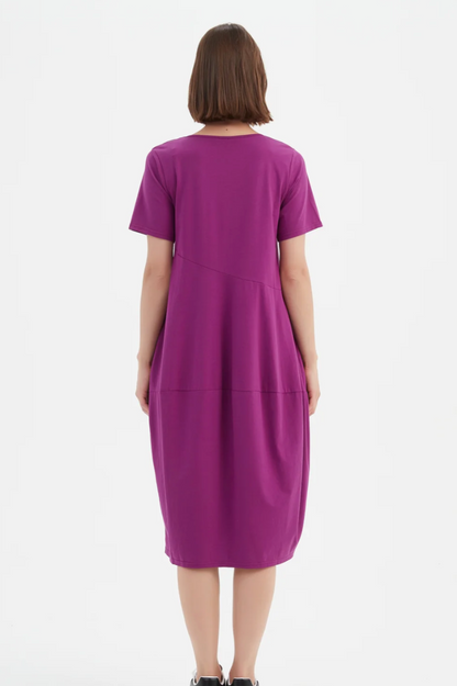 S/S Diagonal Seam V Neck Dress - Fuchsia